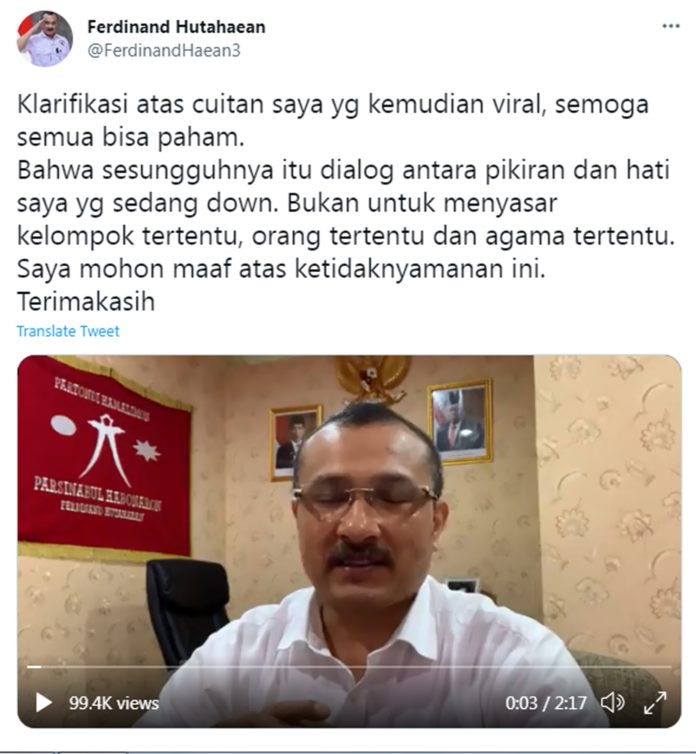 Cuitan Ferdinan Hutahaean Diserbu Warganet, Berikut Klarifikasinya