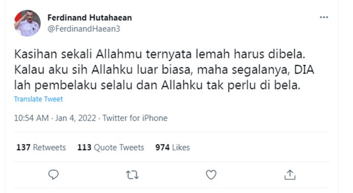 Tweet Ferdinand Hutahaean Diduga Berbau SARA