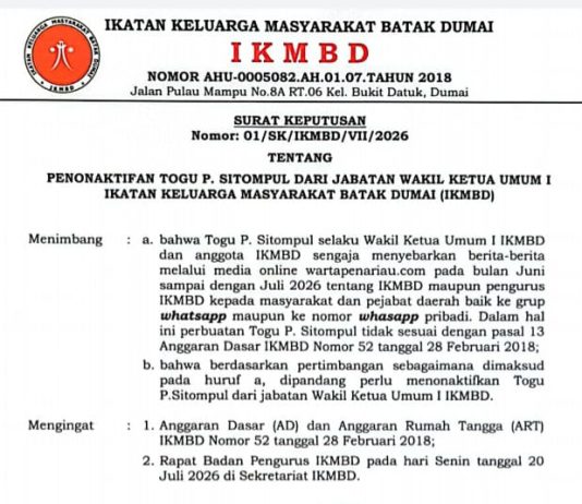 Monang Maradongan Simanungkalit, S.Sos.: Karena Terindikasi Melanggar Anggaran Dasar (AD) IKMBD, Maka Sejak Tanggal 21 Juli 2026 Togu P. Sitompul Dinonaktifkan Sebagai Wakil Ketua Umum I IKMBD